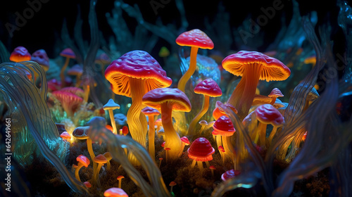 Many colorful mushrooms beautiful nature photography royalty picture Ai generated art