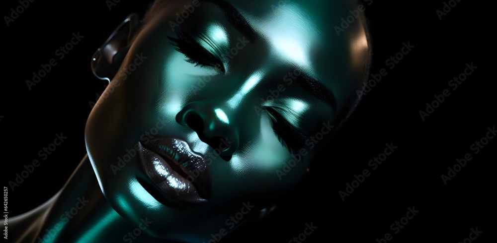 portrait, black woman's face on a black background, close-up, fashion photography, black and white effect, cosmetics - obrazy, fototapety, plakaty 