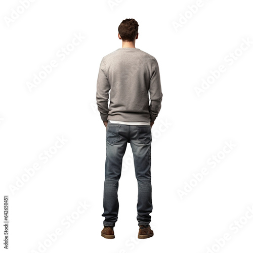 A man in jeans gazing upwards isolated on a transparent background seen from behind