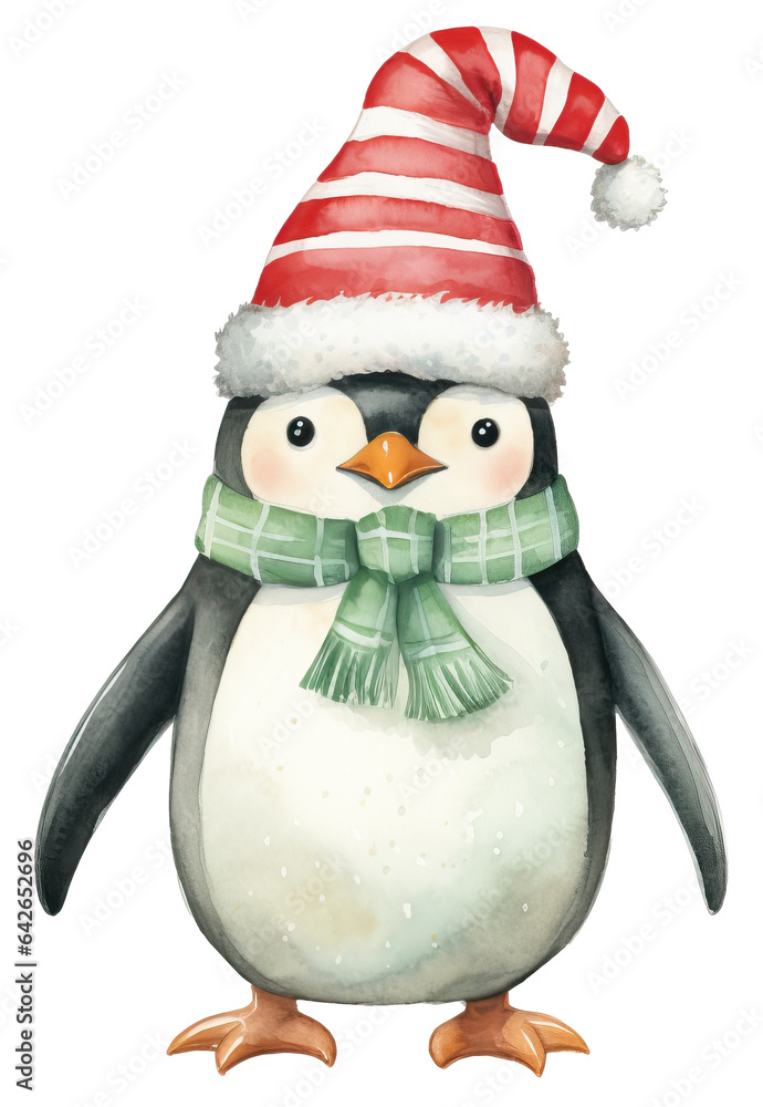 Fototapeta premium Watercolor merry christmas character penguin illustration.