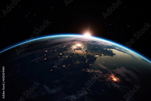 the earth from space, with lights shining in the distance and some stars on the horizon behind it stock photo