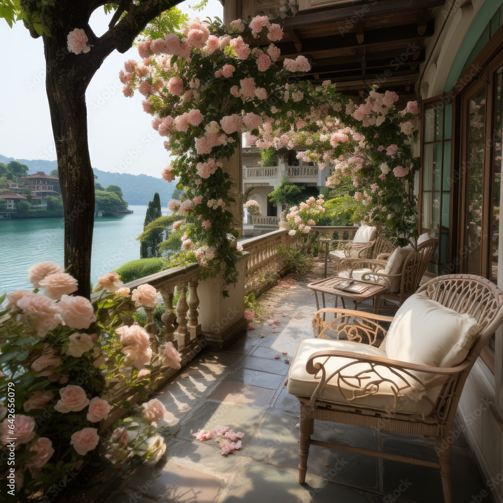 A pearl veranda with flowers over a peaceful lake
A pearl veranda with flowers over a peaceful lake