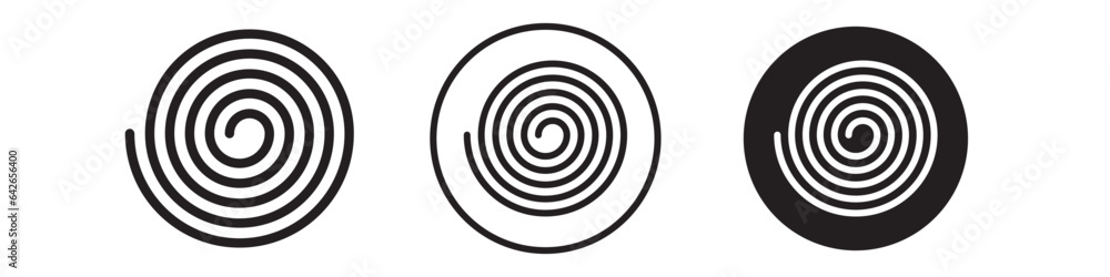 Spiral icon. Circular swirl twist radial shape symbol. Vector set of hypnosis vortex curve illusion. Flat outline of radial optical spin twirl coil Spiral icon. Circular swirl twist radial shape symbol. Vector set of hypnosis vortex curve illusion. Flat outline of radial optical spin twirl coil