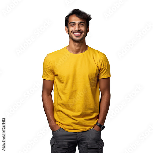 Confident Indian man in yellow shirt holding crossed hands isolated on plain transparent background