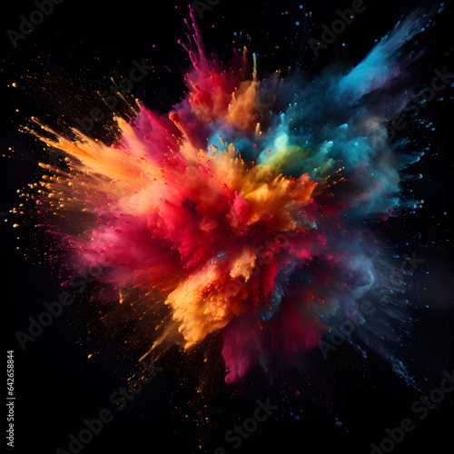 Multi colored powder exploding on a black background. Generative ai. 