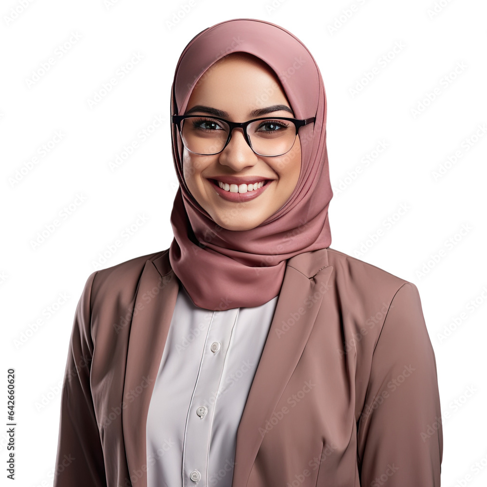 A Muslim businesswoman wearing a hijab suit and glasses smiling isolated on transparent background A Muslim businesswoman wearing a hijab suit and glasses smiling isolated on transparent background