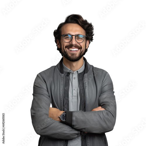 A freelancer in a gray jacket stands with crossed hands against a transparent background wearing a happy and beaming smile