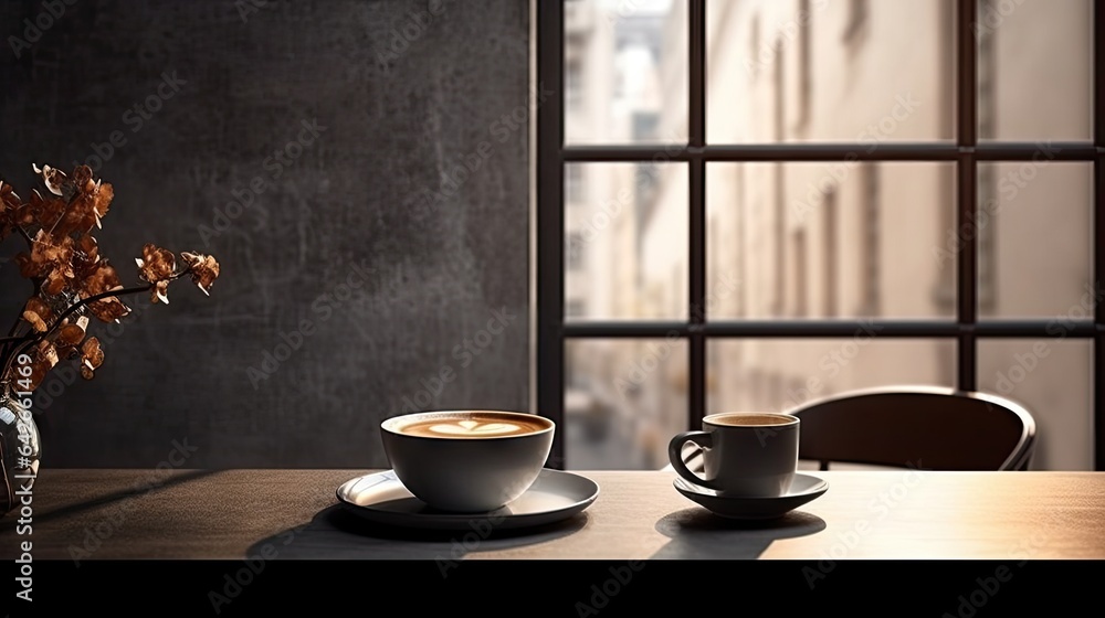 two cups of coffee sitting on a wooden table in front of a window, with a vase of dried flowers two cups of coffee sitting on a wooden table in front of a window, with a vase of dried flowers
