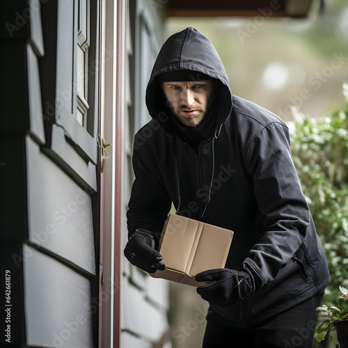 Man stealing a package from someone's front door. A porch pirate concept. Generative ai. 