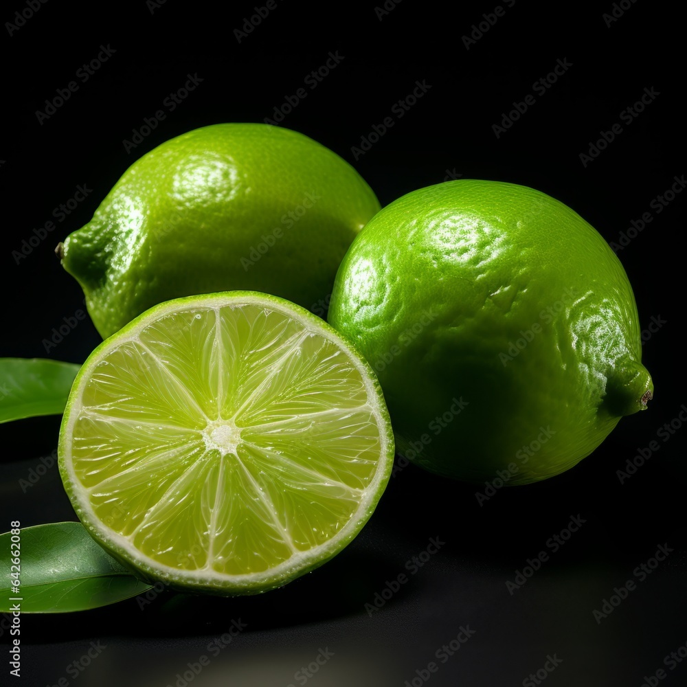 Fresh Organic Lime Fruit Photorealistic Square Illustration. Healthy Vegetarian Diet. Ai Generated bright Illustration on Dark Background. Juicy Lime Fruit. Fresh Organic Lime Fruit Photorealistic Square Illustration. Healthy Vegetarian Diet. Ai Generated bright Illustration on Dark Background. Juicy Lime Fruit.