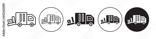 Unloading truck icon. Loading transport delivery cargo shipment symbol. Vector set of shipping logistic distribution service. Flat outline of export import goods freight container. load unload vehicle