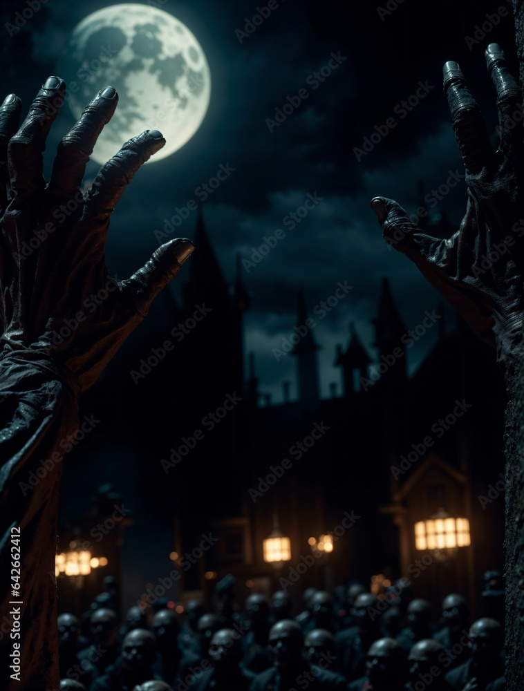 spooky full moon and zombie hands in a dark blue and black haunted village scene halloween background