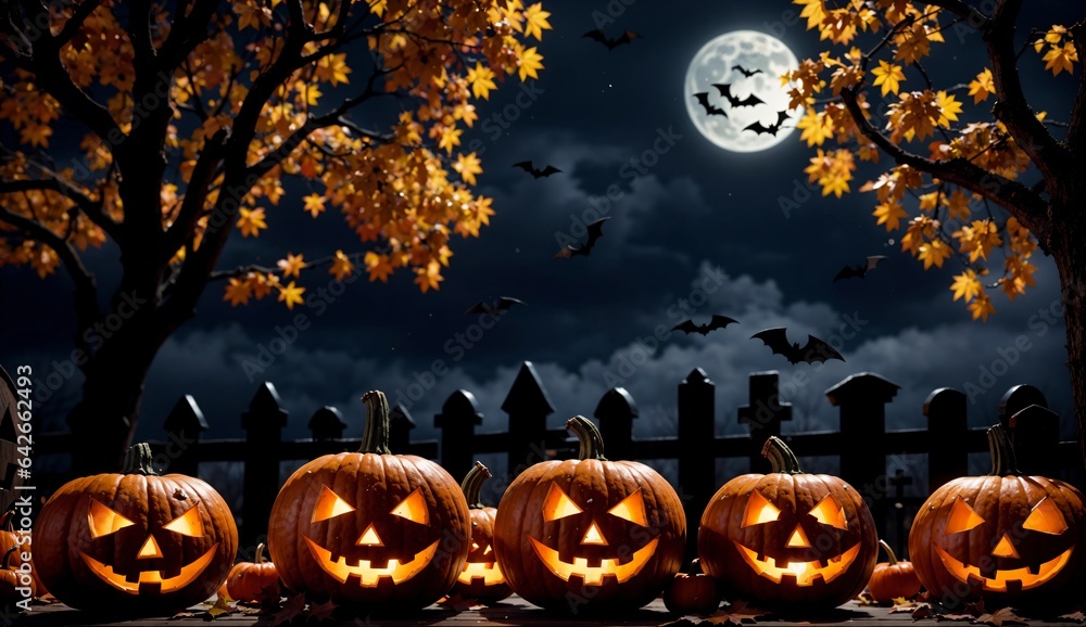 Fototapeta premium Spooky Halloween pumpkins under a full moon with bats and autumn leaves in a graveyard