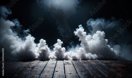 dramatic black and white smoke over rustic wooden boards for product dispaly 