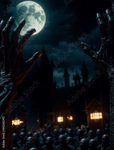 spooky full moon and zombie hands in a dark blue and black haunted village scene halloween background