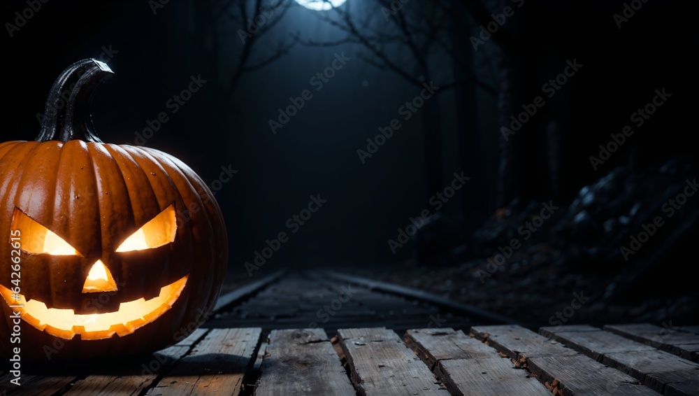 Obraz premium spooky halloween pumpkin on a misty wooden path in the dark woods and wooden table for product display