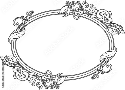 Elegant filigree frame. Ornate oval border engraving