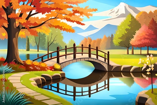 stunning garden with bridge and pond, digital painting style © Zandhira