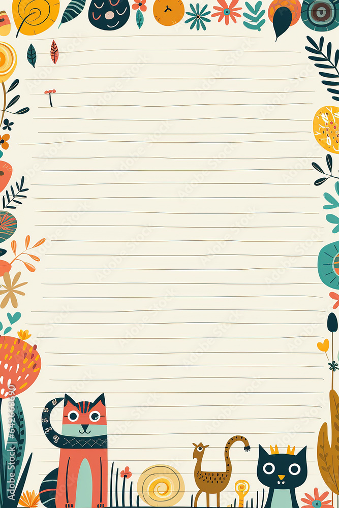 Notepad illustration design with whimsical animals and flowers around the edge. Copy space. Notepad illustration design with whimsical animals and flowers around the edge. Copy space.