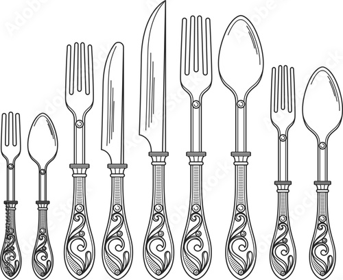 Vintage cutlery set. Hand drawn ornate tableware