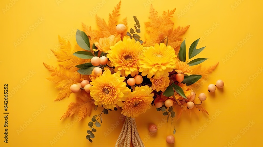 Yellow Photo Example yellow flowers and leaves on a yellow background with copy space for ...