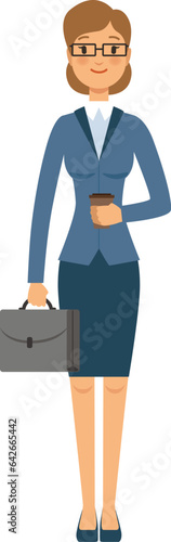 Working woman character. Professional businesswoman with briefcase and coffee cup