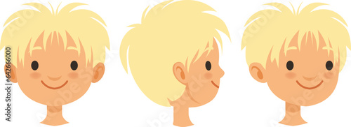 Blond boy head set. Happy kid face
