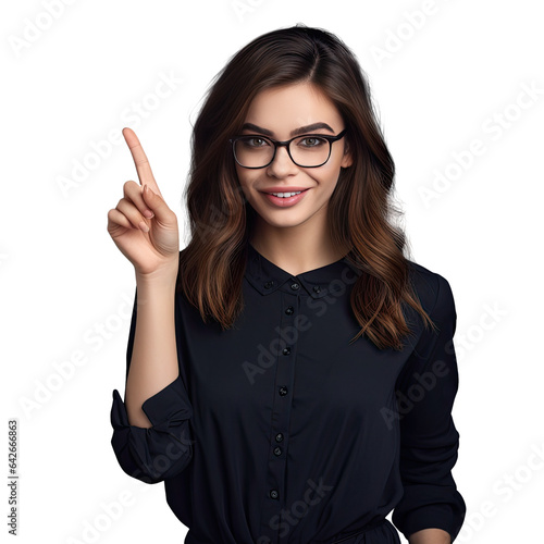 Cheerful woman pointing in a sexy dress wearing glasses transparent background