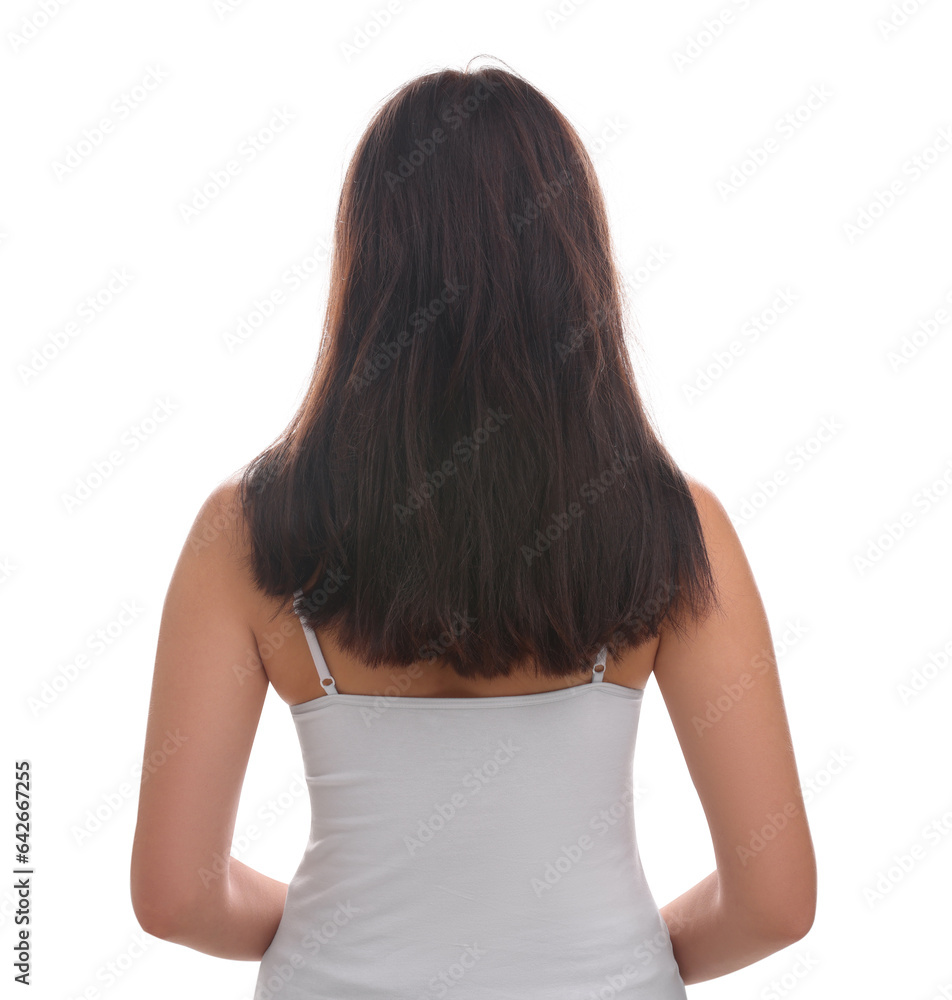 Woman with damaged hair on white background, back view Woman with damaged hair on white background, back view