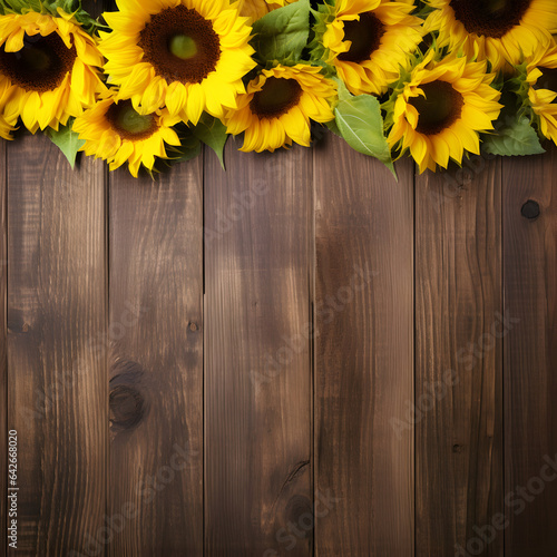 A wood background with sunflowers around the border. A copy scape with room for text is ideal for invitations and other templates. Generative ai. 