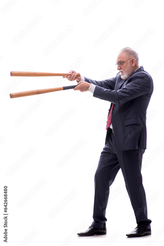 Old businessman holding baseball bat isolated on white Old businessman holding baseball bat isolated on white
