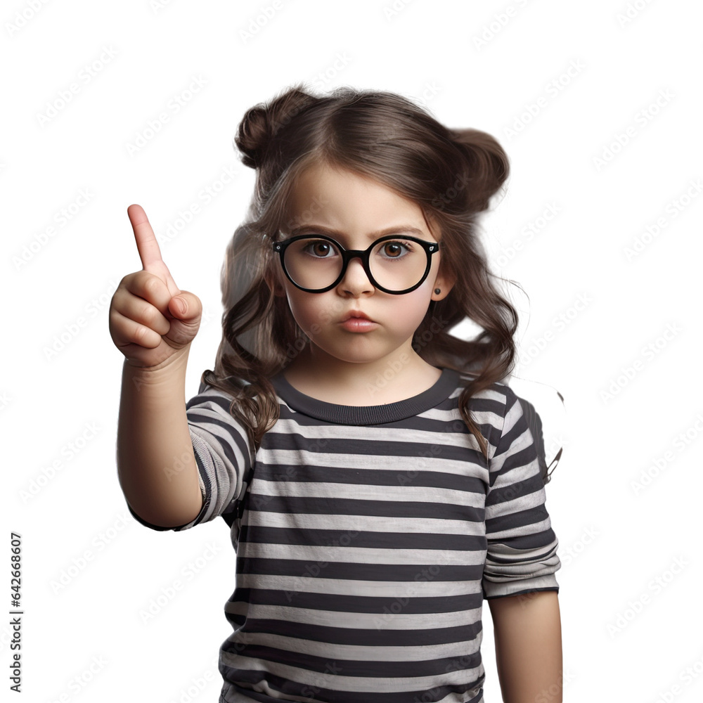 Funny little girl wearing a striped T shirt and glasses making a finger moustache on a transparent background