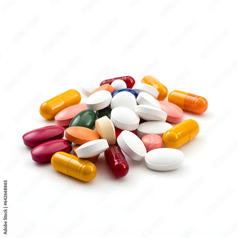 A pile of various Pharmaceutical pills and vitamins isolated on a white background. A medical industry and health theme. Generative ai, 
