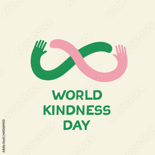 World kindness day logo. Random acts of kindness day emblem. Caring, responsibility, altruism of people. November 13. Hands symbolize kindness and show the infinity sign. Vector. Ecology theme.