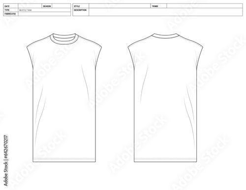 Customizable Fashion Tank Vector Illustration, Short Sleeve OutLine Template, Muscle Tank Factory Ready Tech Pack Flats Sketch, Technical Fashion Flat Sketch High Quality Vector Outline Muscle Tee
