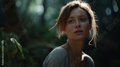Exausted Woman in the Jungle with Messy Hair photo