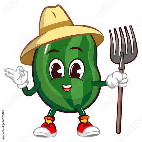 Vector mascot, cartoon and illustration of a cute watermelon fruit being a farmer carrying a raking fork