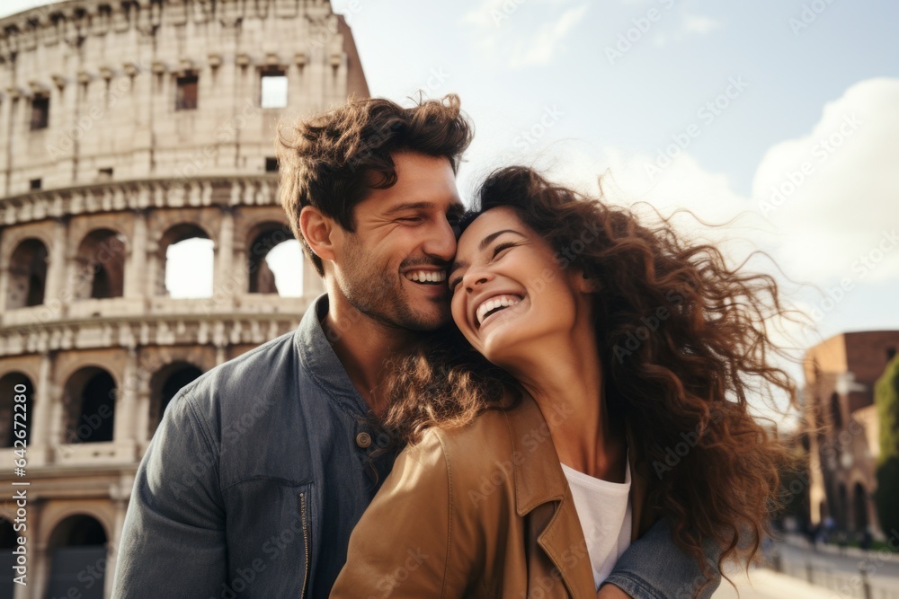 Couple in their 30s smiling at the Colosseum in Rome Italy