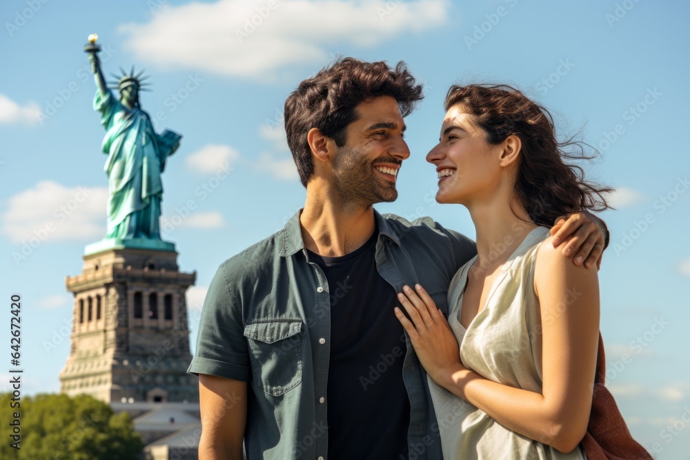 Couple in their 30s smiling in front of the Statue of Liberty in New York USA