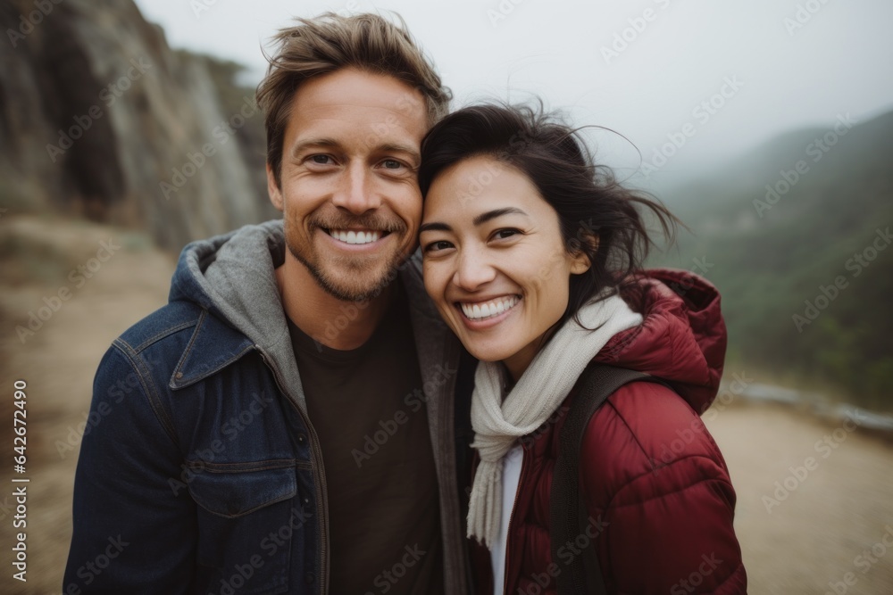 Couple in their 30s smiling at the Great Wall of China in Beijing China Couple in their 30s smiling at the Great Wall of China in Beijing China