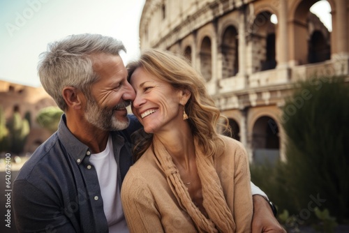 Couple in their 40s smiling at the Colosseum in Rome Italy