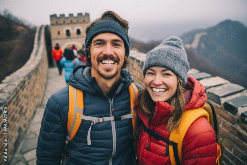 Couple in their 30s smiling at the Great Wall of China in Beijing China Couple in their 30s smiling at the Great Wall of China in Beijing China