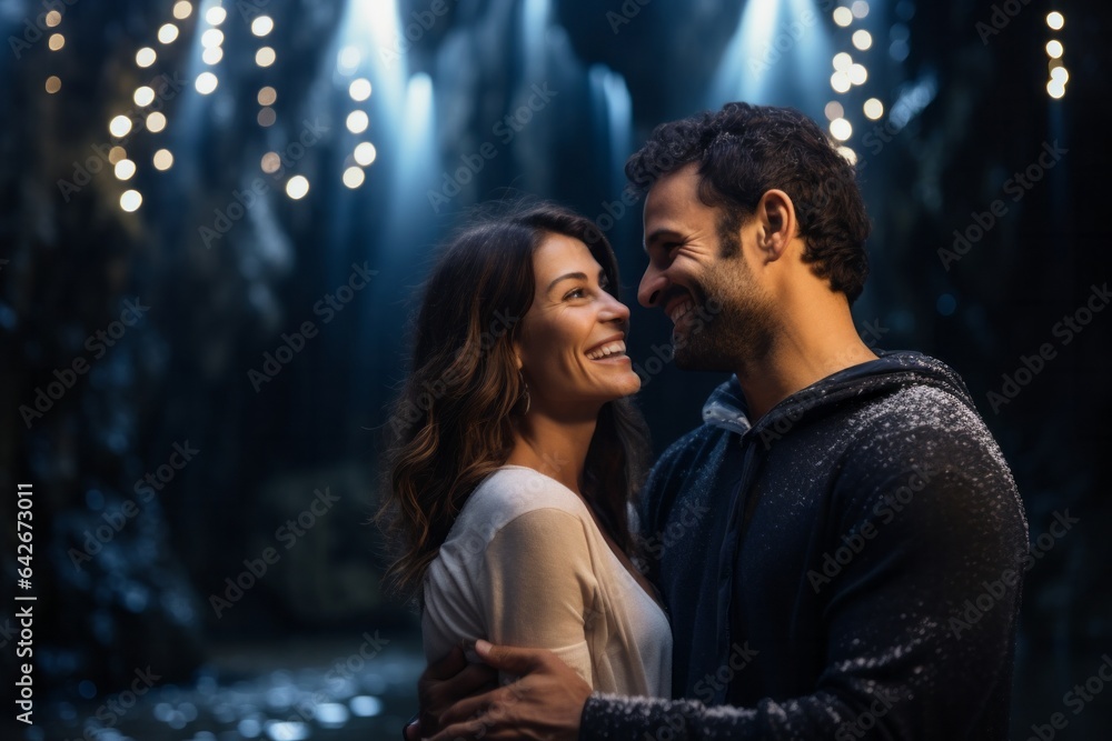 Couple in their 30s smiling at the Waitomo Glowworm Caves in Waikato New Zealand Couple in their 30s smiling at the Waitomo Glowworm Caves in Waikato New Zealand