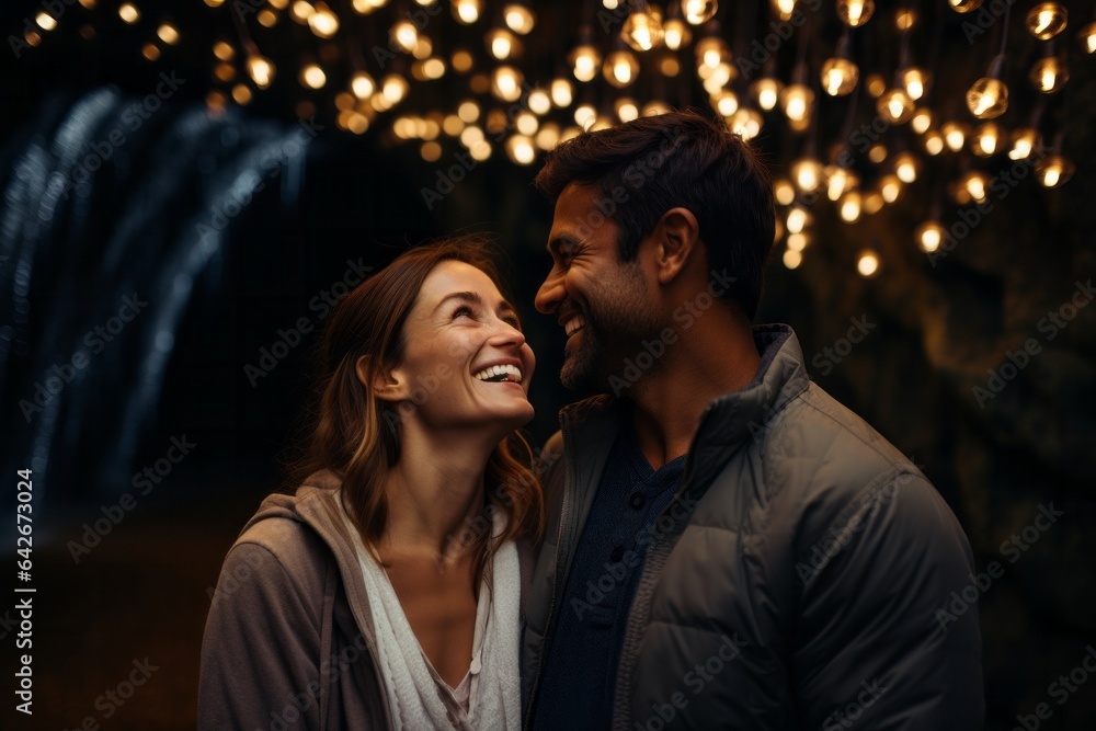 Couple in their 30s smiling at the Waitomo Glowworm Caves in Waikato New Zealand Couple in their 30s smiling at the Waitomo Glowworm Caves in Waikato New Zealand