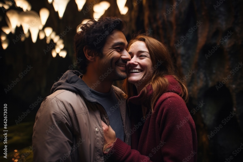 Couple in their 30s smiling at the Waitomo Glowworm Caves in Waikato New Zealand