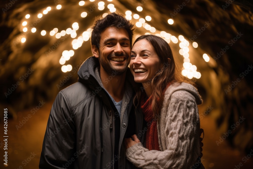 Couple in their 30s smiling at the Waitomo Glowworm Caves in Waikato New Zealand