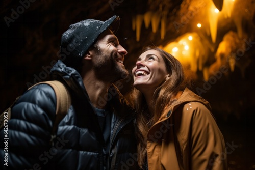 Couple in their 30s smiling at the Waitomo Glowworm Caves in Waikato New Zealand