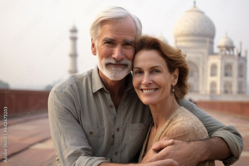 Couple in their 40s in front of the Taj Mahal in Agra India Couple in their 40s in front of the Taj Mahal in Agra India