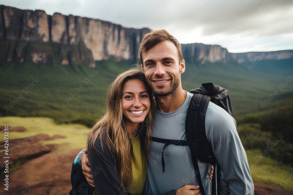 Couple in their 30s smiling at the Mount Roraima in Guiana Shield South America