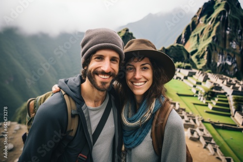 Couple in their 30s at the Machu Picchu in Cusco Peru